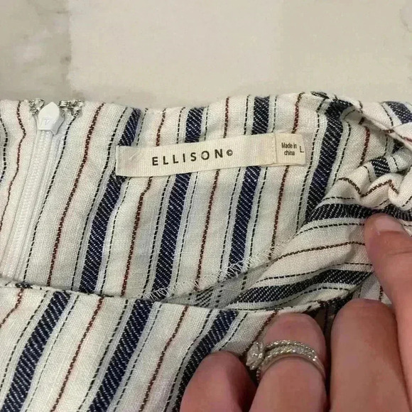 Ellison Linen Blue/White Dress Tassel Fringe Trim Women's Large Pockets Zipper - Picture 4 of 6